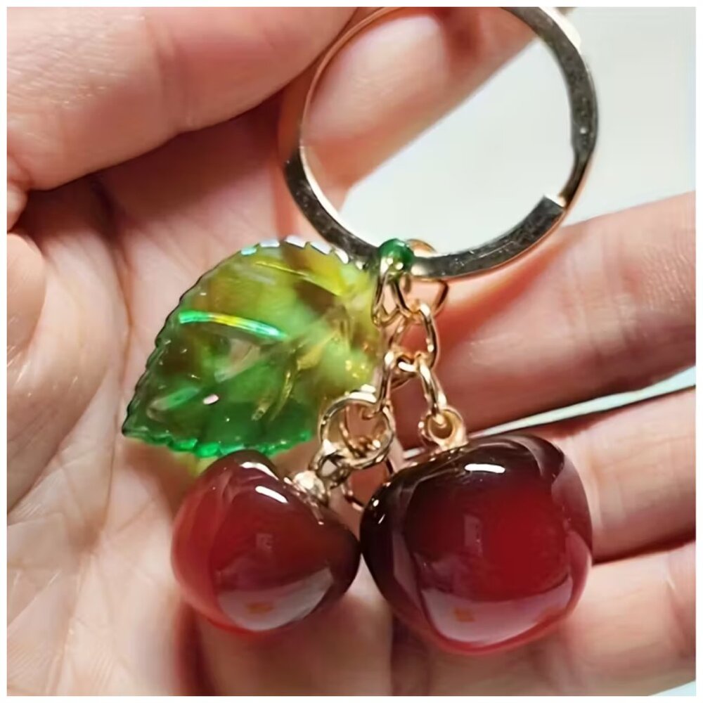 Keychain Glossy Red Cherry & Green Leaf Charms Golden Backpack Wallet Handbag - Picture 2 of 5